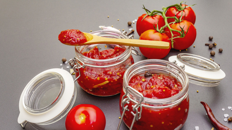 Tomato jam in jars