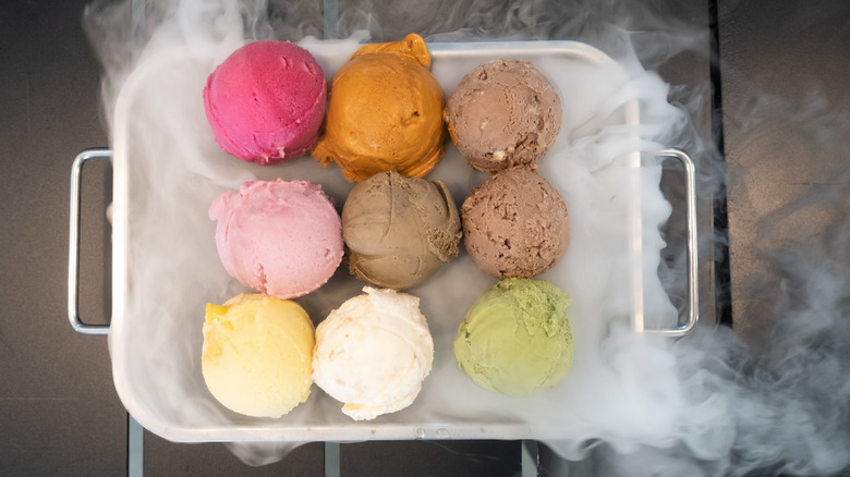 Ice cream scoops surrounded by liquid nitrogen