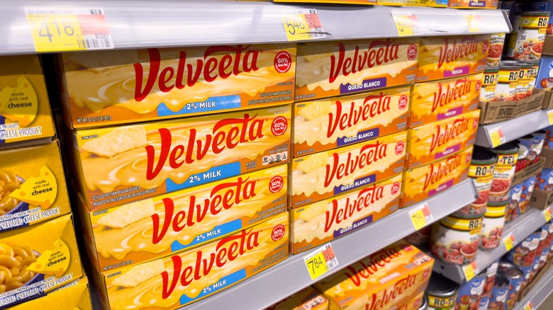 boxes of velveeta on store shelf