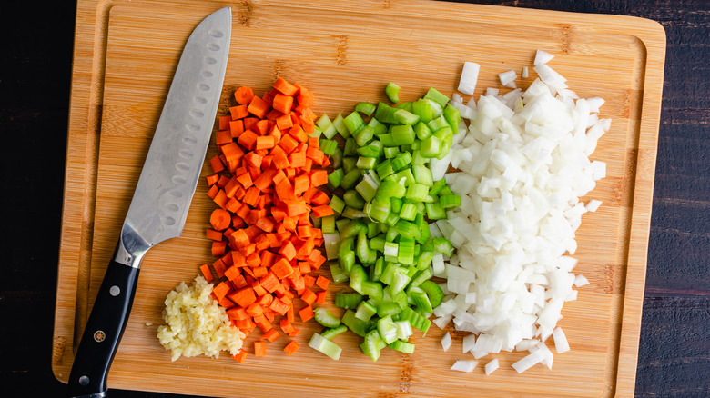 Santoku knife and diced vegetables