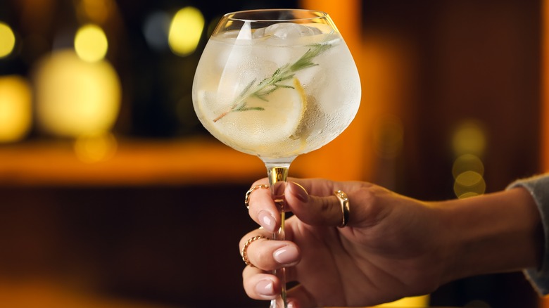 hand holding gin and tonic in wine glass