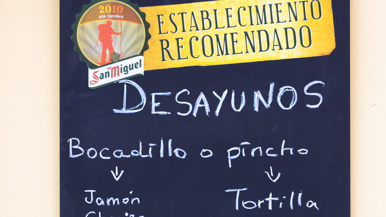 Breakfast menu in Spain with tortilla