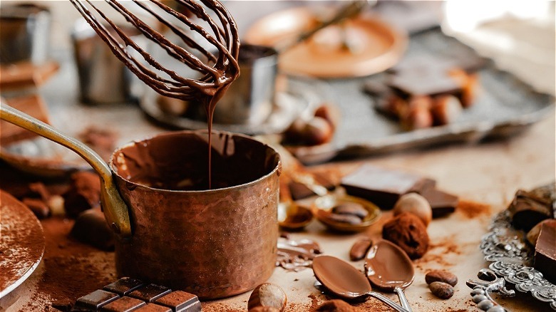 Whisked chocolate in copper pot