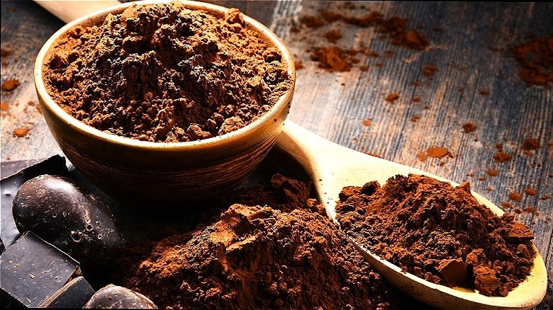 Bowl of cocoa powder with spoon