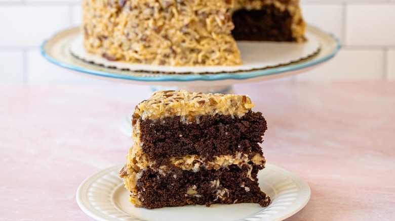 German chocolate cake with slice on plate