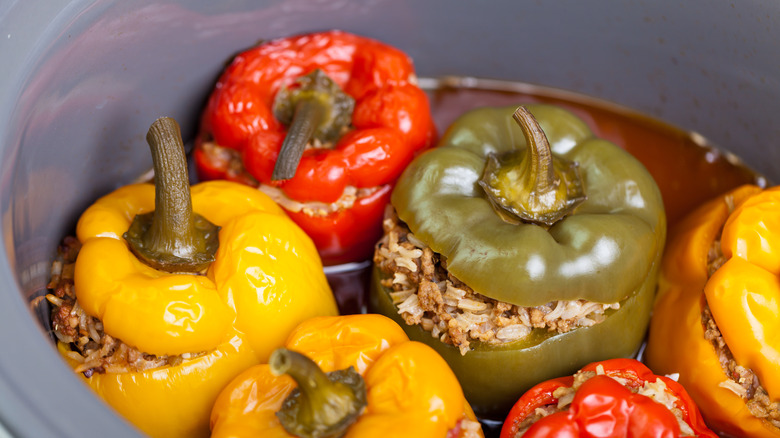 Multicolored stuffed peppers in a crockpot