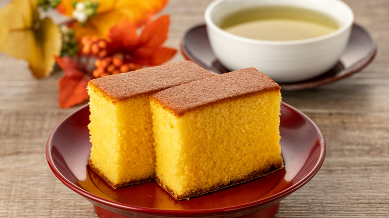 Castella cake slices on plate