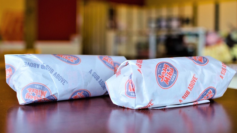 two of Jersey Mike's subs wrapped up