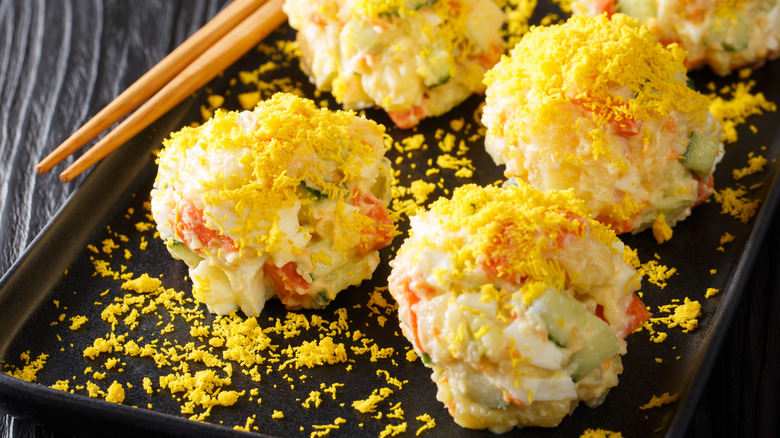 Close up of scoops of Korean potato salad