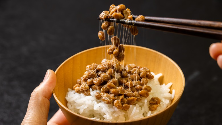 Natto traditionally eaten on rice