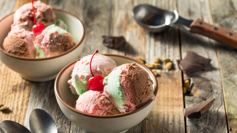 Spumoni in a bowl with cherries