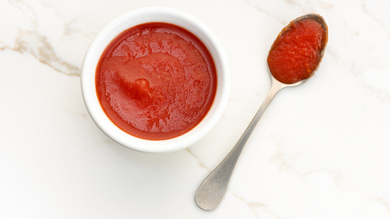 Fresh tomato sauce in a bowl and spoon