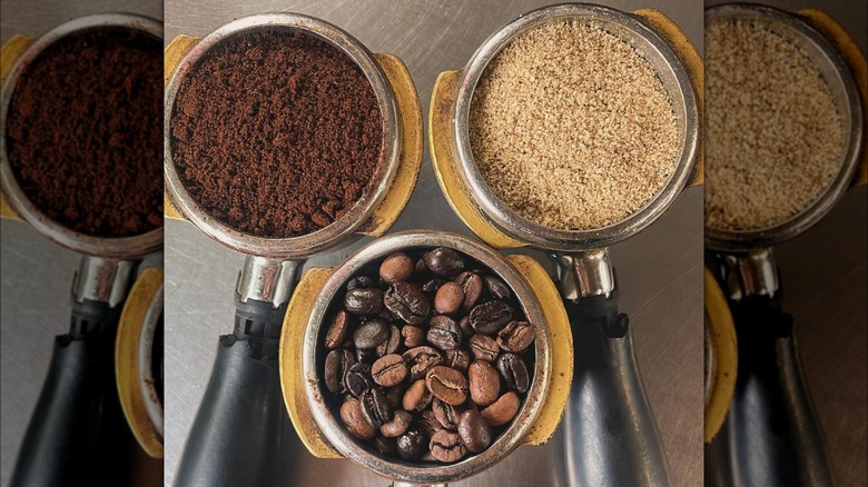 coffee beans with ground white coffee and dark coffee