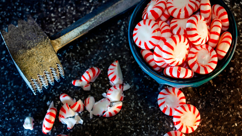 peppermints, crushed peppermints, and a mallet