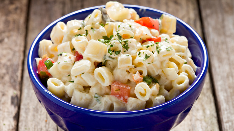 macaroni salad with tomato, cheese, and mayo