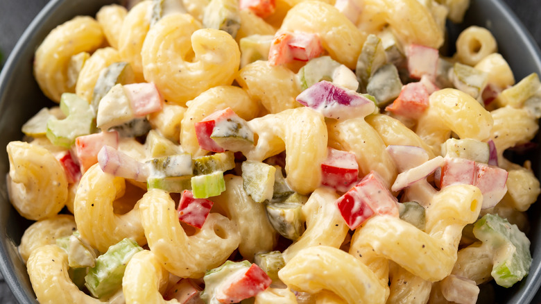 Amish macaroni salad with chopped bell pepper and pickle relish