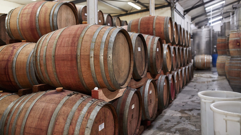 stacked liquor barrels