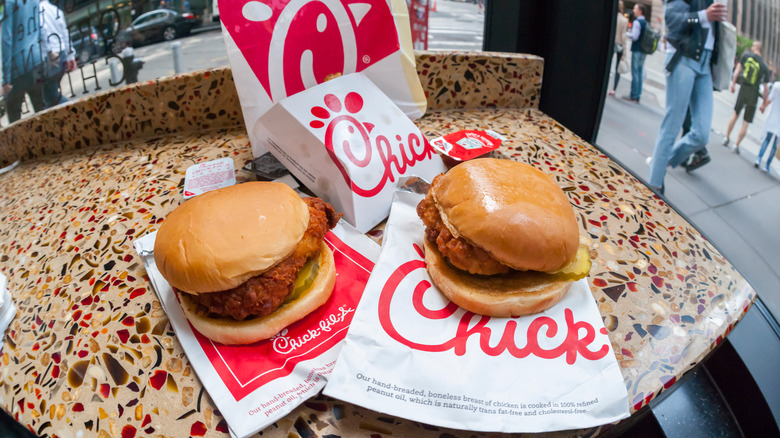 Two Chick-fil-A spicy chicken sandwiches