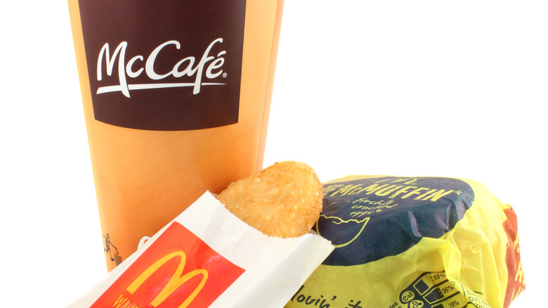 McDonald's hash browns, mcmuffin, and mccafe drink