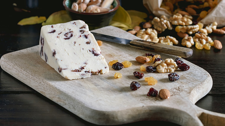 Wensleydale cheese on cutting board