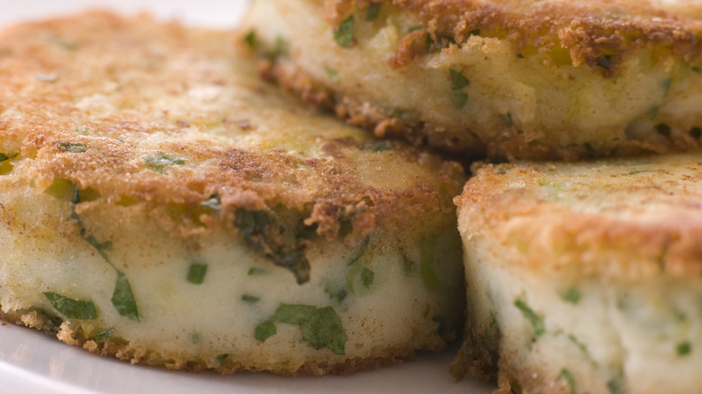 Stack of crispy bubble and squeak patties
