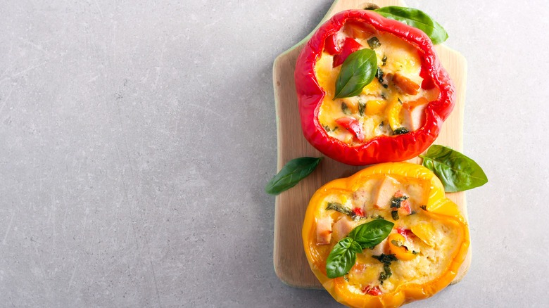 Top view of chicken stuffed bell peppers