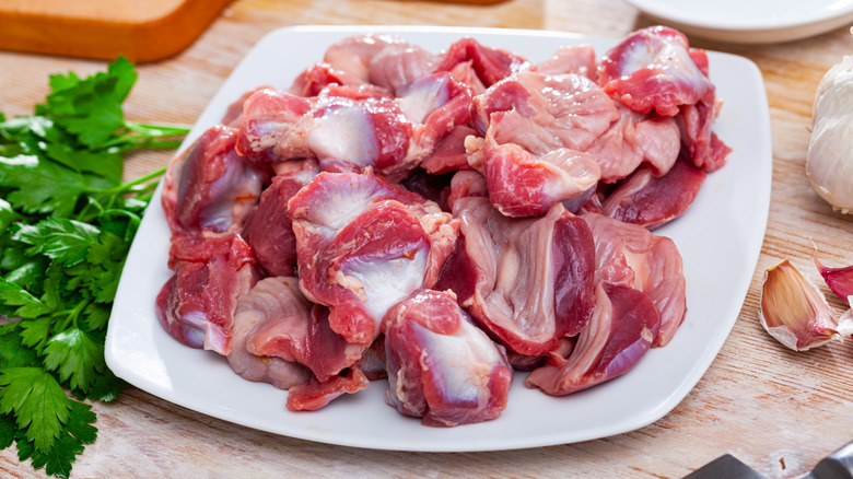 Raw gizzards prepped for cooking