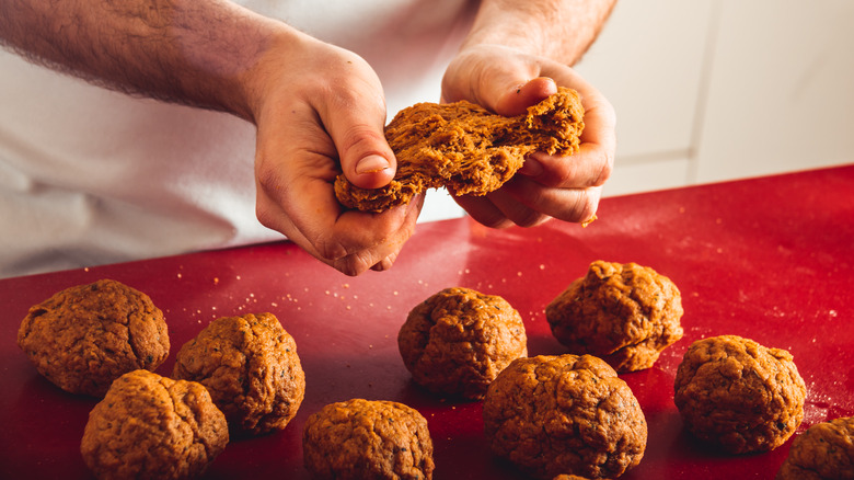 Tearing homemade seitan dough