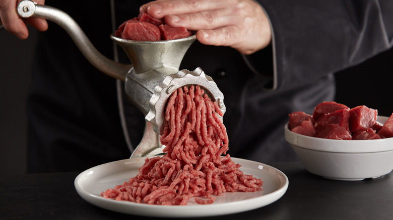 Person using a manual meat grinder