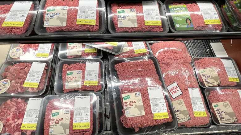 Ground beef display case at grocery store
