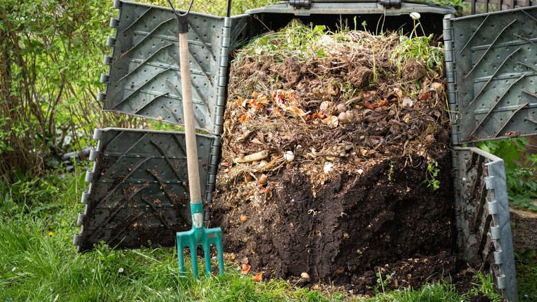 Compost heap and pitchfork