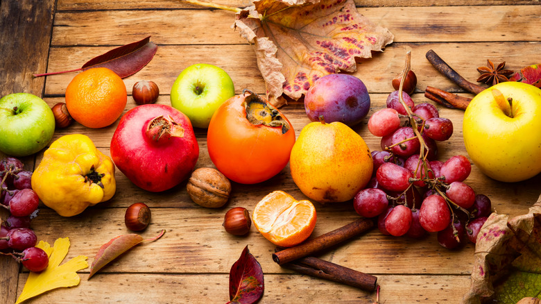 Autumn fruits harvest laid on a table