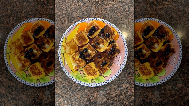 Hawaiian roll French toast topped with blueberries