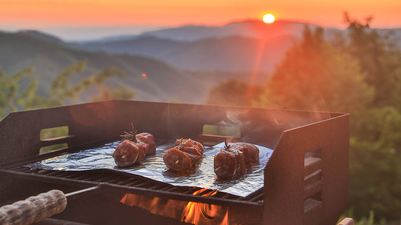 kebabs on grill in mountains