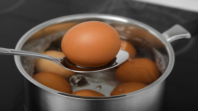 Hard-boiled eggs in pot