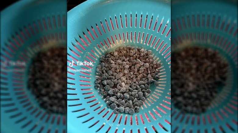 chocolate chips in strainer