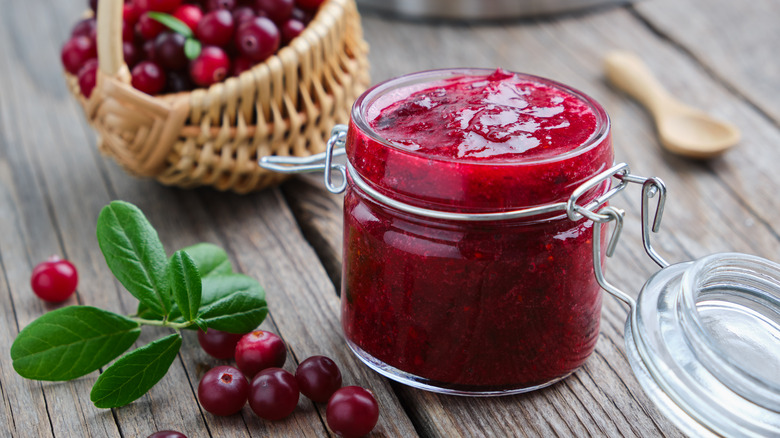 Smooth cranberry sauce in a jar