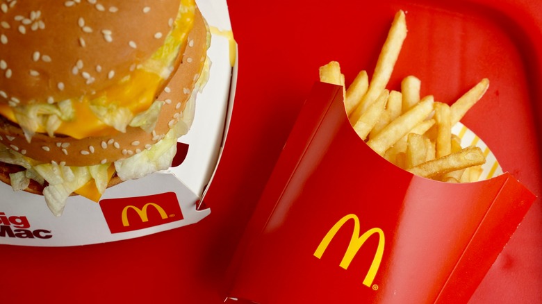 McDonald's french fries and big mac on a red background