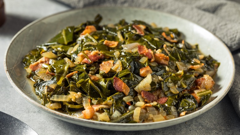 Collard greens, bacon, and onions