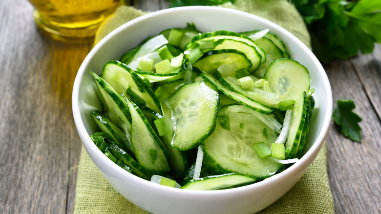 chopped cucumbers in bowl