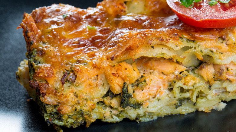 Closeup of salmon lasagna