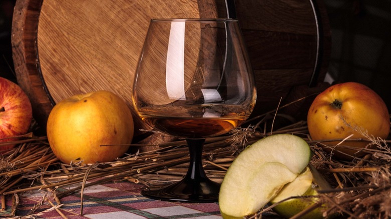 A glass of apple brandy surrounded by apples