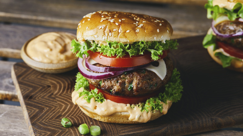 Hamburger on wooden board