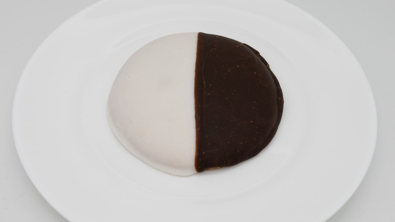 Close up of a black and white cookie