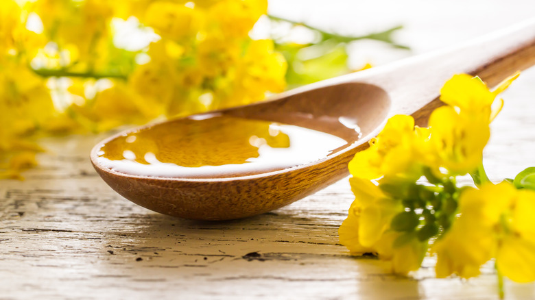 Canola oil in a wooden tablespoon 