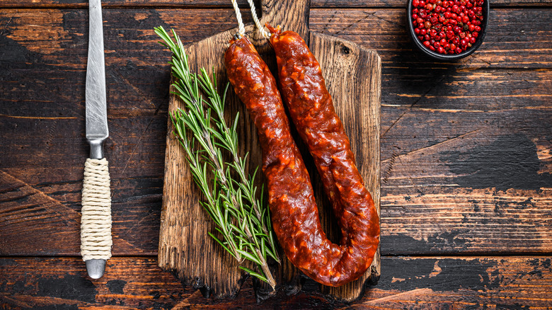 Cured chorizo on cutting board