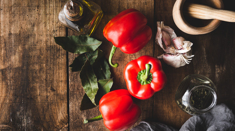 red bell peppers on table