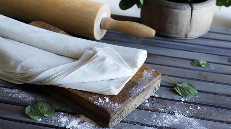 Phyllo dough on a wooden board