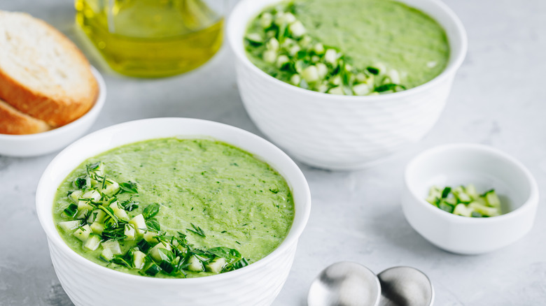 bowls of green gazpacho