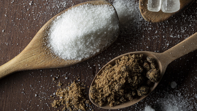 White sugar and sucanat on spoons